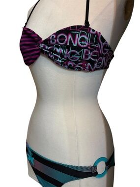 Y2K low rise Billabong Pink and Teal Logo Bandeau Two-Piece Bikini